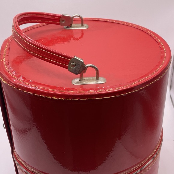 Vtg 60's Hat Wig Box Luggage Travel Carry Case Retro Mod Round Zipper Handle - Picture 2 of 12